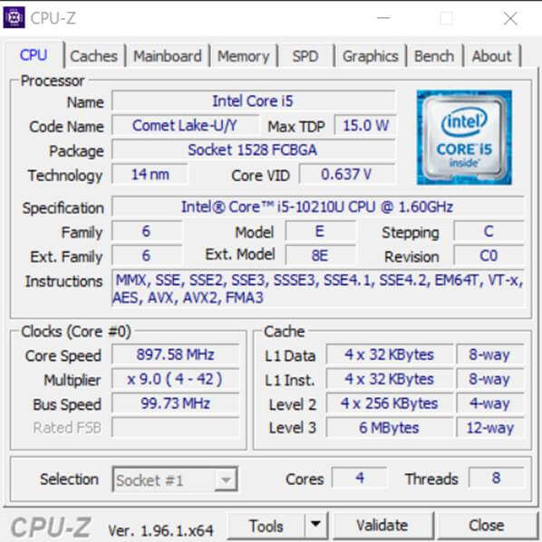 CPU-Z mostrando las especificaciones del procesador